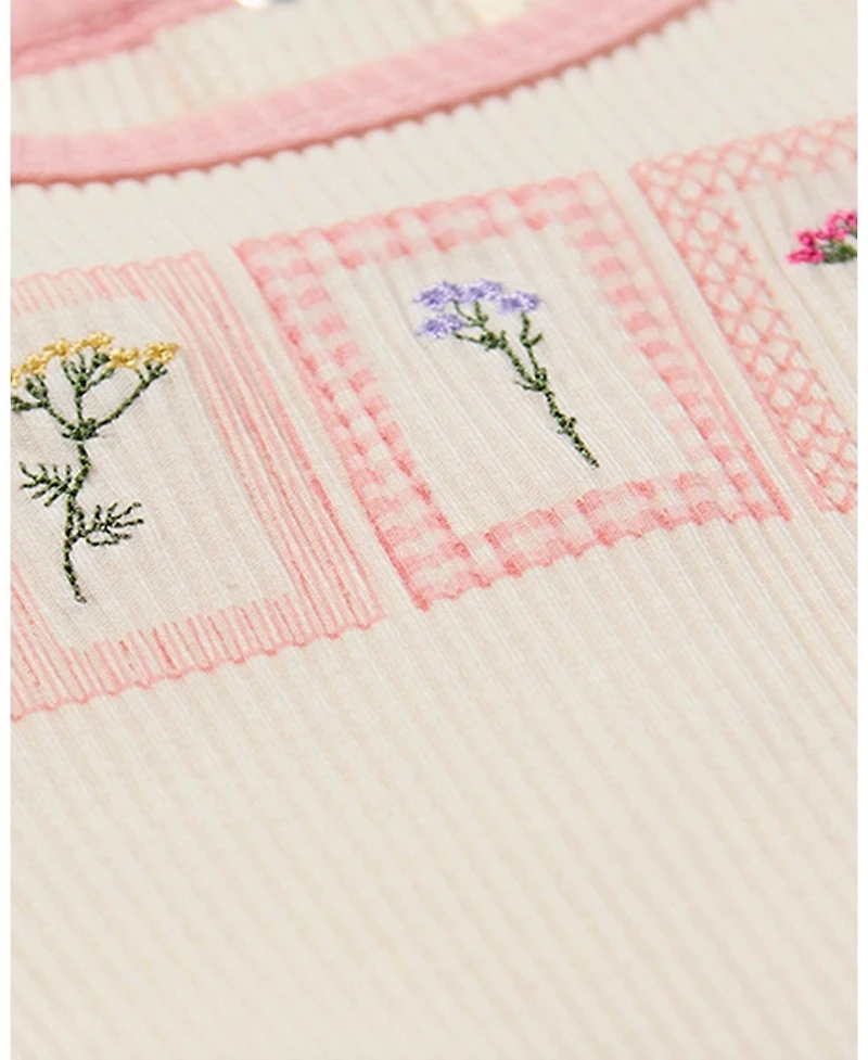 MeMoi Baby Girls Framed Florals Ribbed Cotton-Blend Embroidered Footie