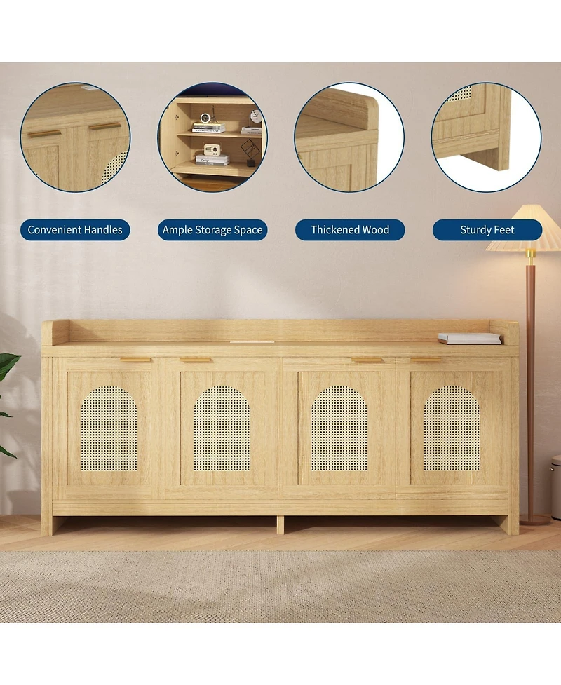 gaomon Natural Rattan Tv Stand for 65 Inch Tv, Modern Entertainment Center with Glass Doors & Cabinet, 61.5 Inch Console Table