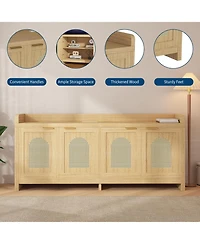 gaomon Natural Rattan Tv Stand for 65 Inch Tv, Modern Entertainment Center with Glass Doors & Cabinet, 61.5 Inch Console Table