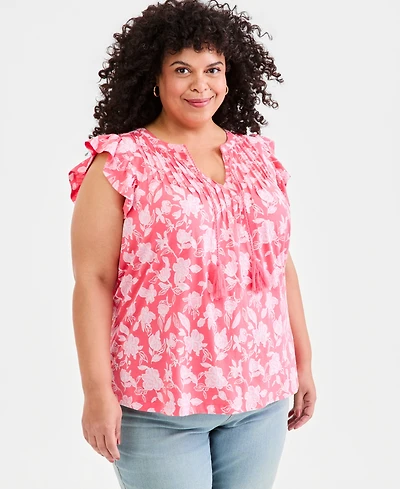 Style & Co Plus Emelia Flutter-Sleeve Tie-Neck Top, Macy's Exclusive