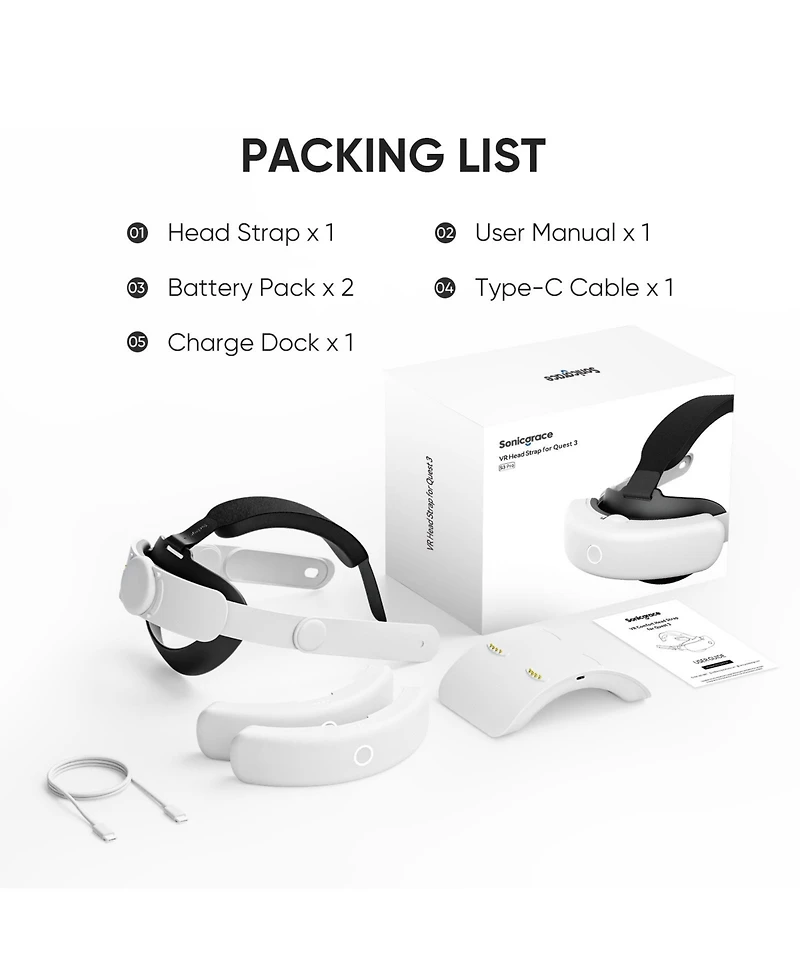 Sonicgrace S3 Duo Battery Head Strap for Meta Quest 3/3S - 20W Fast Charging, Dual 8000mAh Battery & Magnetic Dock