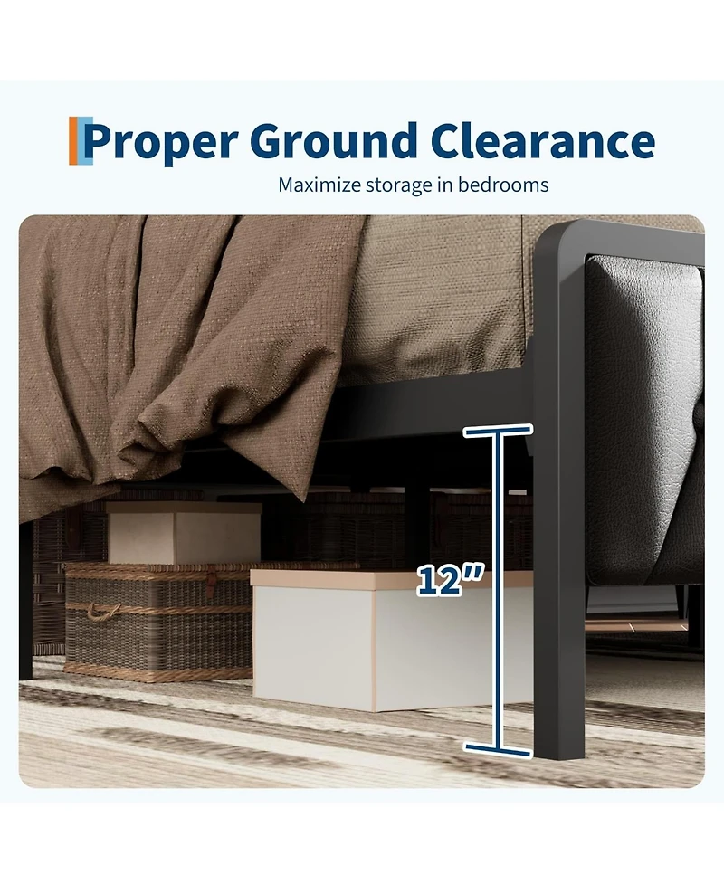 gaomon Queen Bed Frame with Pu Faux Leather & Charging Station, Upholstered Platform Bed with 12" Underbed Storage & Metal Frame