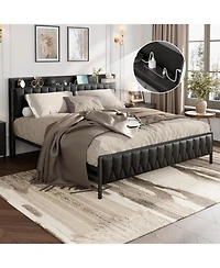gaomon King Bed Frame with Charging Station, Faux Leather Platform Bed with Storage Button Headboard & Footboard, 12" Underbed Space, Noise-Free