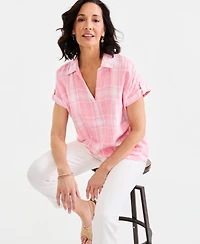 Style & Co Women's Cotton Gauze Plaid Collared Popover Top, Macy's Exclusive