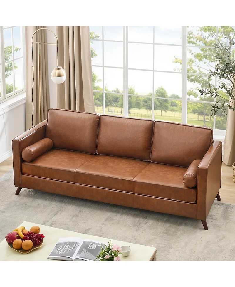Gaomon Mid Century Modern Leather Sofa for Living Room, 3 Seater Leather Couch, Deep Seat Couch, Cozy Sofa for Office, Apartment, High Density Sponge