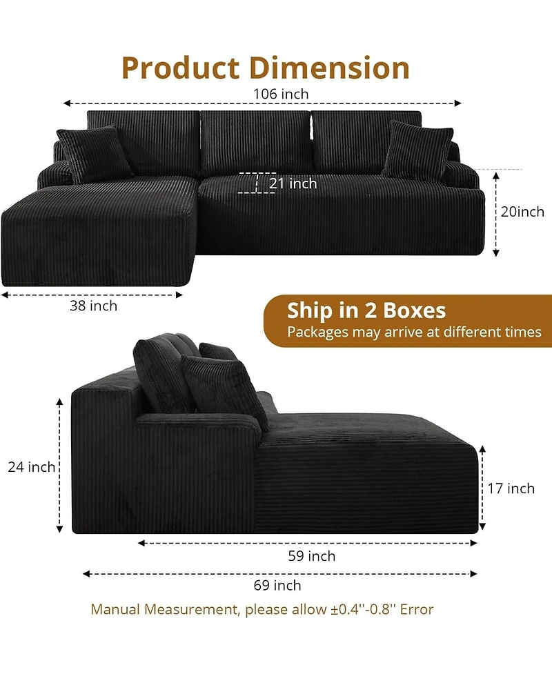gaomon Cloud Sectional Couch 106" Modern L-Shape Corner Modular Upholstered Sofa with Loveseat Chaise Deep Seat Plush Corduroy Fabric Foam Cushions
