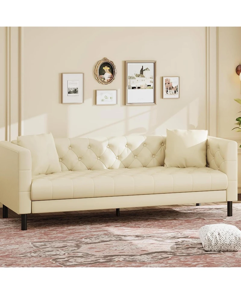 gaomon 81" Leather Couch, Handmade Button Tufted 3 Seater Sofa, Chesterfield Sofa with Deep Seat and 2 Pillows