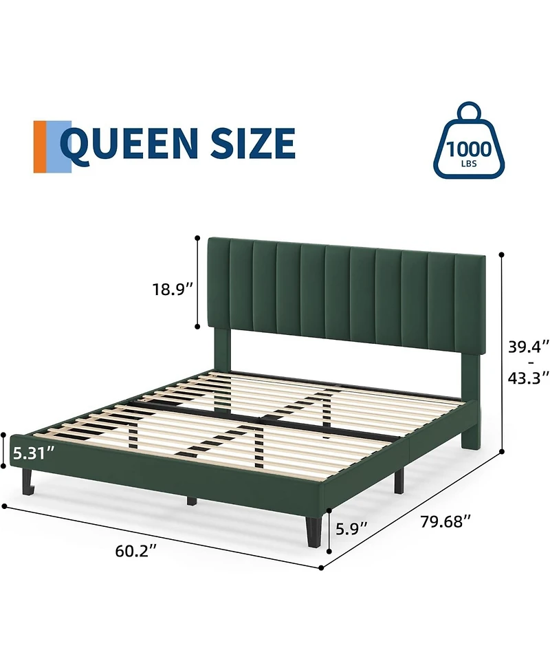 gaomon Bed Frame, Velvet Upholstered Platform Bed with Adjustable Vertical Channel Tufted Headboard, No Box Spring Needed, Easy Assembly