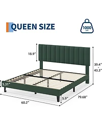 gaomon Bed Frame, Velvet Upholstered Platform Bed with Adjustable Vertical Channel Tufted Headboard, No Box Spring Needed, Easy Assembly