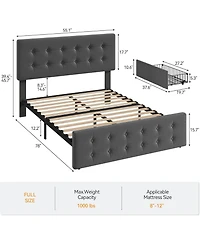 gaomon Full Size Bed Frame with 4 Storage Drawers and Headboard, Linen Upholstered Platform Bed Frame with Wooden Slats Support, Dark Grey