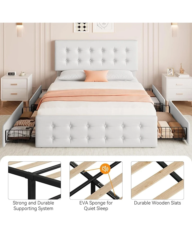 gaomon Queen Bed Frame with 4 Storage Drawers, Faux Leather Upholstery & Headboard, Wooden Slat Support