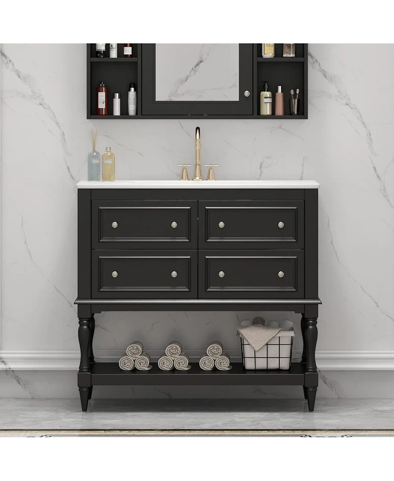 Sillysis 36" Modern Bathroom Vanity with Ceramic Sink, Freestanding Solid Wood Cabinet, 4 Drawers & Storage Shelf