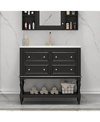 Sillysis 36" Modern Bathroom Vanity with Ceramic Sink, Freestanding Solid Wood Cabinet, 4 Drawers & Storage Shelf