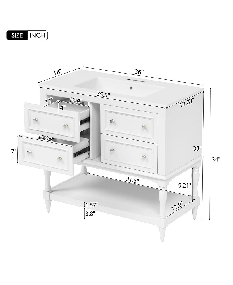 Sillysis 36" Modern Bathroom Vanity with Ceramic Sink, Freestanding Solid Wood Cabinet, 4 Drawers & Storage Shelf