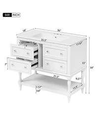 Sillysis 36" Modern Bathroom Vanity with Ceramic Sink, Freestanding Solid Wood Cabinet, 4 Drawers & Storage Shelf