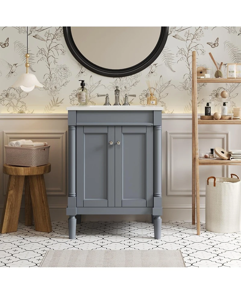 Sillysis 24" Bathroom Vanity with Ceramic Sink, Modern Solid Wood Cabinet & Ample Storage for Small Spaces