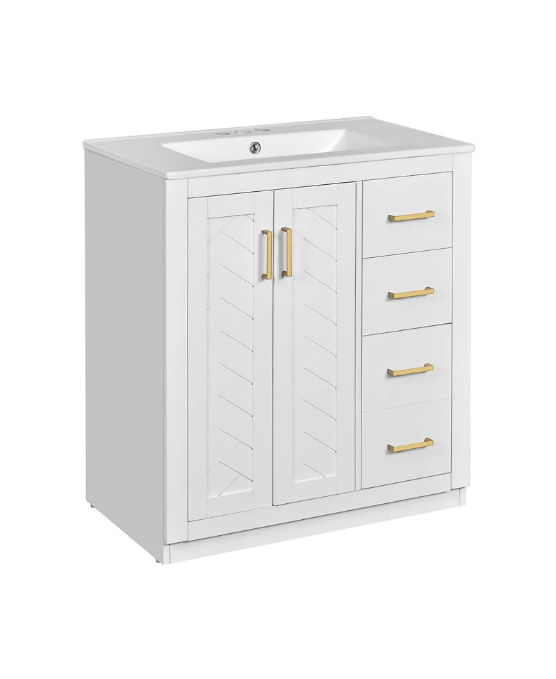 Sillysis 30" Bathroom Vanity with Ceramic Sink, 3 Drawers & Soft Close Doors, Solid Wood Cabinet for Ample Storage