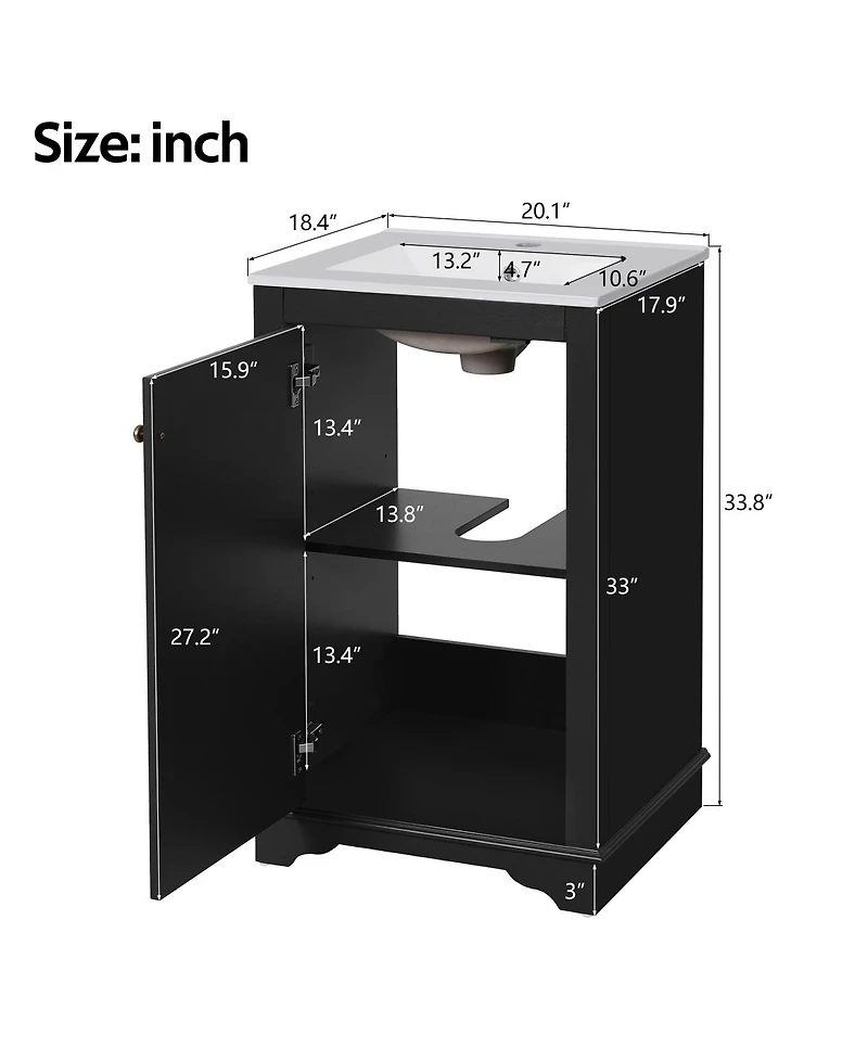 Sillysis 20" Bathroom Vanity with Ceramic Sink, Modern Solid Wood & Mdf Cabinet, Soft-Close Door for Small Spaces