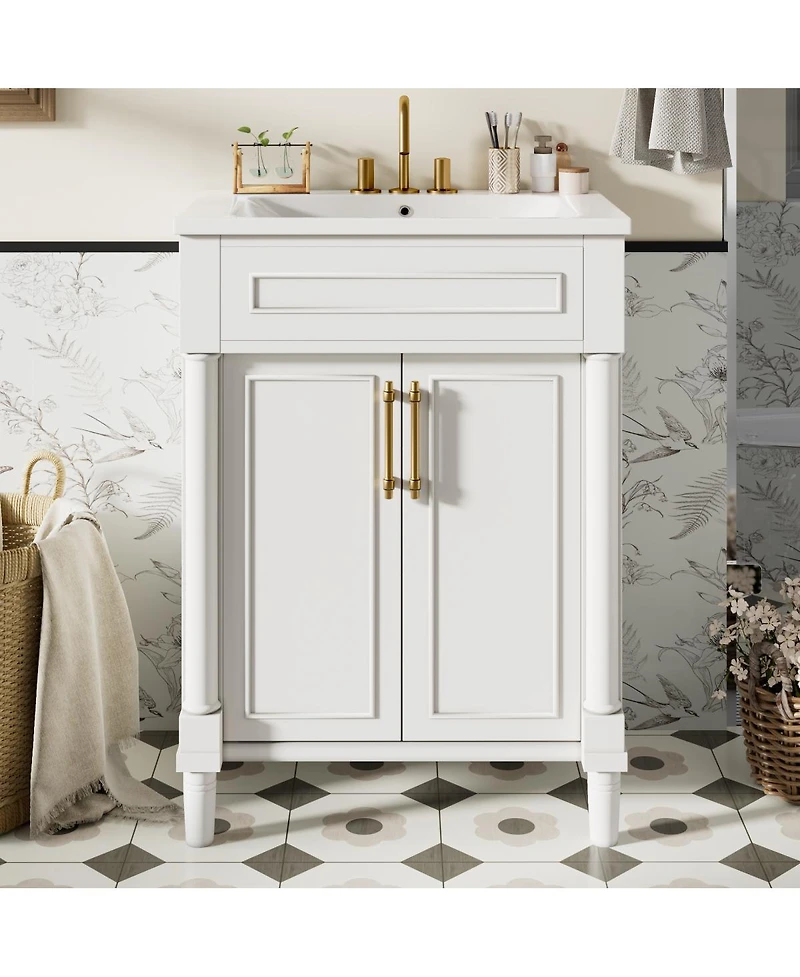 Sillysis 24" Bathroom Vanity with Curved Ceramic Sink, Adjustable Shelf 2-Door Storage for Small Modern Bathrooms
