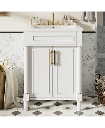 Sillysis 24" Bathroom Vanity with Curved Ceramic Sink, Adjustable Shelf 2-Door Storage for Small Modern Bathrooms