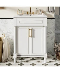 Sillysis 24" Bathroom Vanity with Curved Ceramic Sink, Adjustable Shelf 2-Door Storage for Small Modern Bathrooms