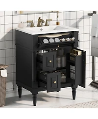 Sillysis 24" Bathroom Vanity with Sink, Solid Wood Cabinet Flip Drawer and Adjustable Shelf, Freestanding Modern Storage for Small Spaces