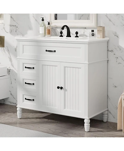 Sillysis 36"Vintage Bathroom Vanity with Ceramic Sink, Soft Close Drawers for Small Bathrooms
