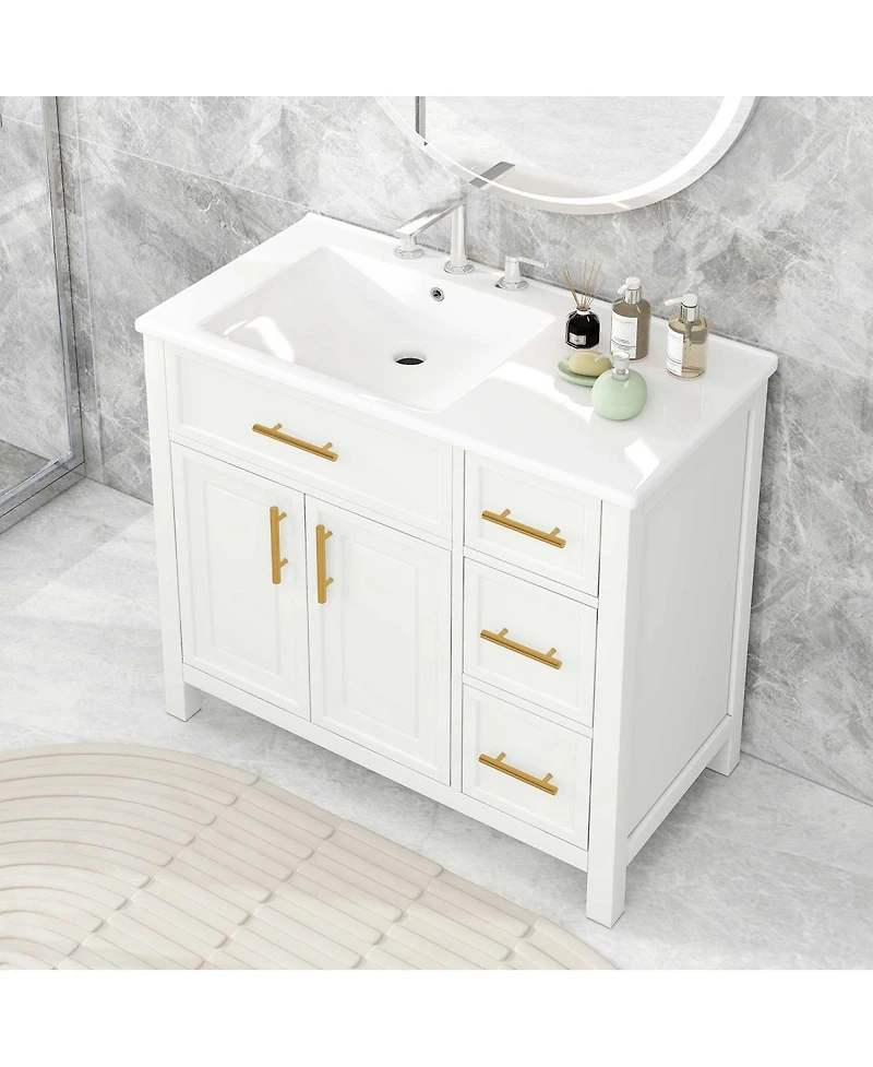 Sillysis 36" Bathroom Vanity with Left Ceramic Sink, Solid Wood & Mdf Cabinet, Ample Storage Drawers, Modern Freestanding
