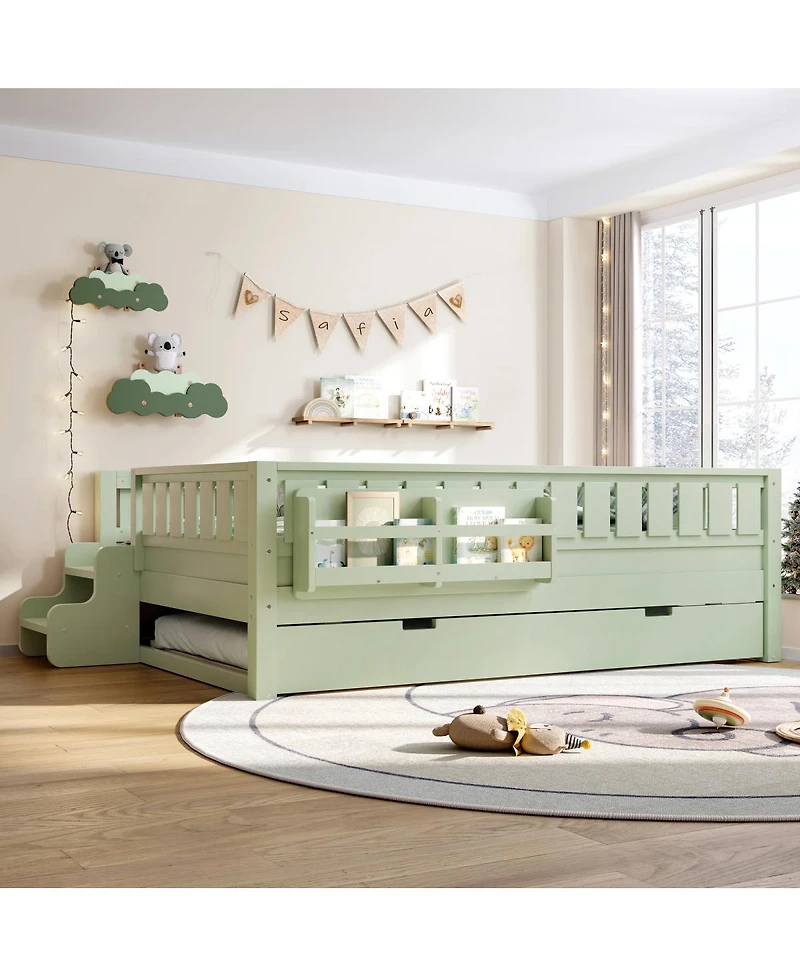 Streamdale Furniture Avocado Full Bed with Bookshelves, Staircase, Safety Rails, and Trundle