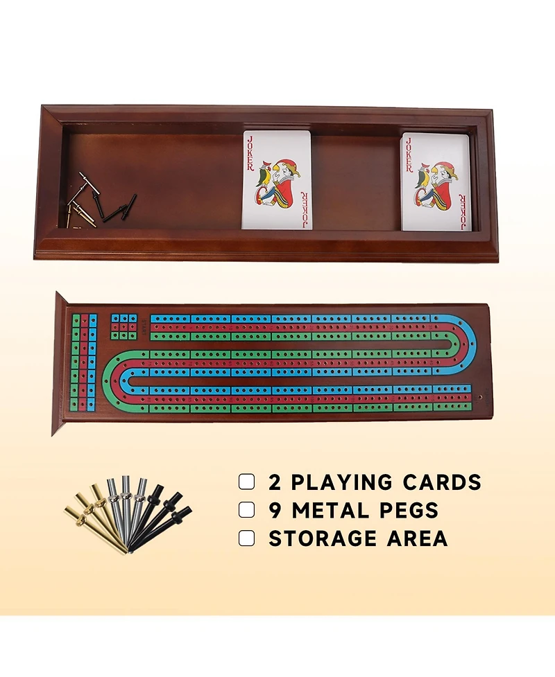 Gse Games & Sports Expert Multi Color 3-Track Wooden Cribbage Board Box with 2 Deck Playing Cards, 9 Metal Pegs and Drawer