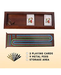 Gse Games & Sports Expert Multi Color 3-Track Wooden Cribbage Board Box with 2 Deck Playing Cards, 9 Metal Pegs and Drawer