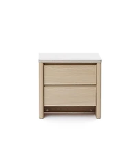 LuxenHome Snowy Oak Nightstand & End Table with 2 Drawers, Faux Travertine Top, Durable Manufactured Wood