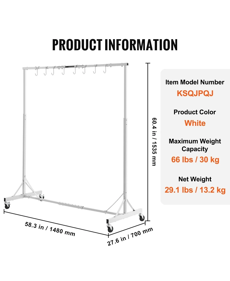 Rainsken Painting Rack, Adjustable Height Automotive Paint Stand, Painting Drying Rack with 8 Hooks, 4 Wheels, 66 lbs Capacity for Repair Shops
