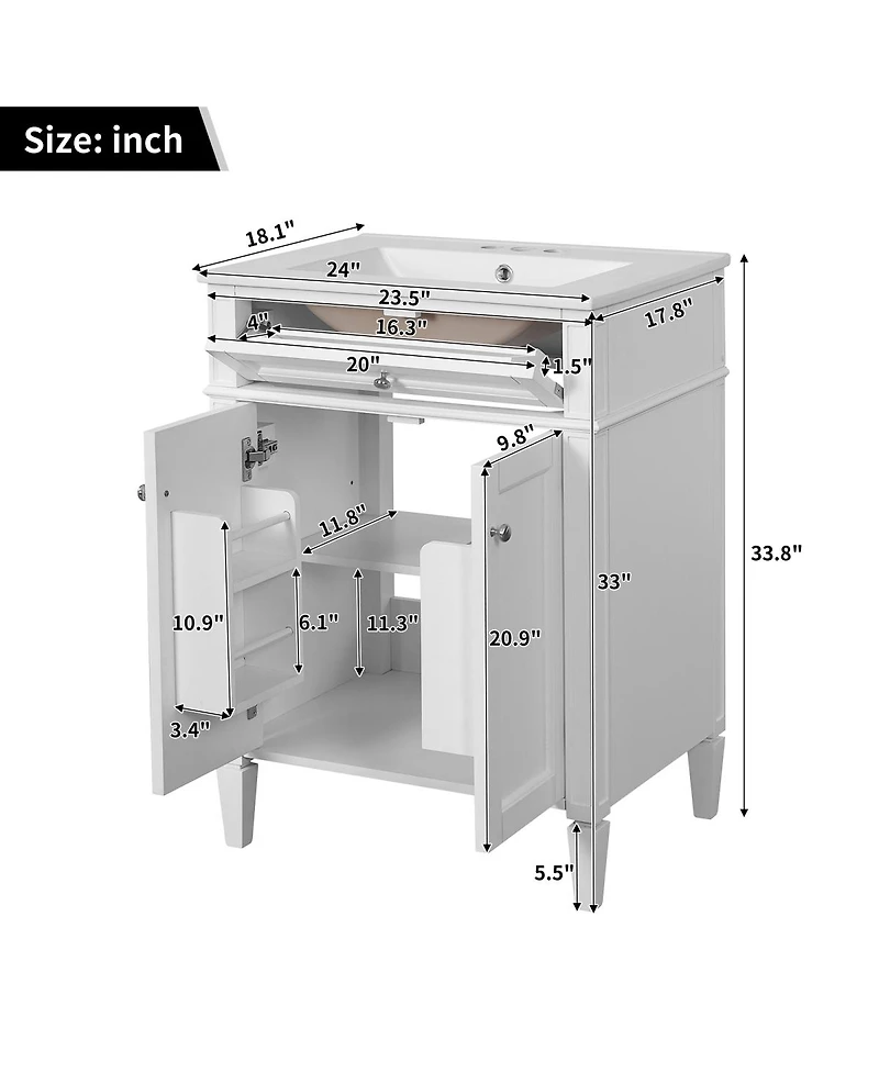 Sillysis 24" Modern Bathroom Vanity with Ceramic Sink, Soft Close Doors & Adjustable Storage Shelf for Small Spaces