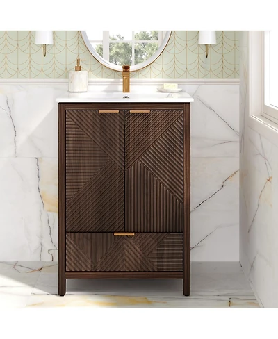 Sillysis 24" Bathroom Vanity with Ceramic Sink, Modern Solid Wood Cabinet & Textured Door for Small Spaces