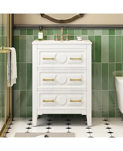 Sillysis 24 Inch Bathroom Vanity with Ceramic Sink, Retro Solid Wood Cabinet, 3 Soft Close Drawers for Small Bathrooms