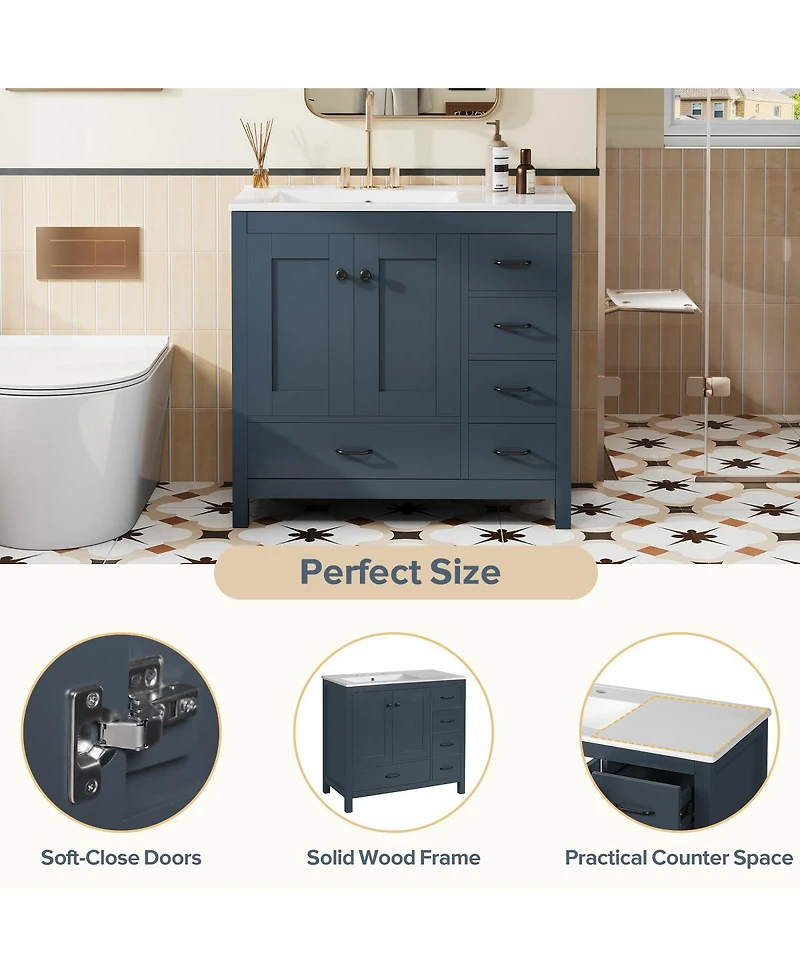Sillysis 36" Bathroom Vanity with Sink, Solid Wood Cabinet & 5 Drawers Storage, Modern Freestanding Bath for Small Spaces