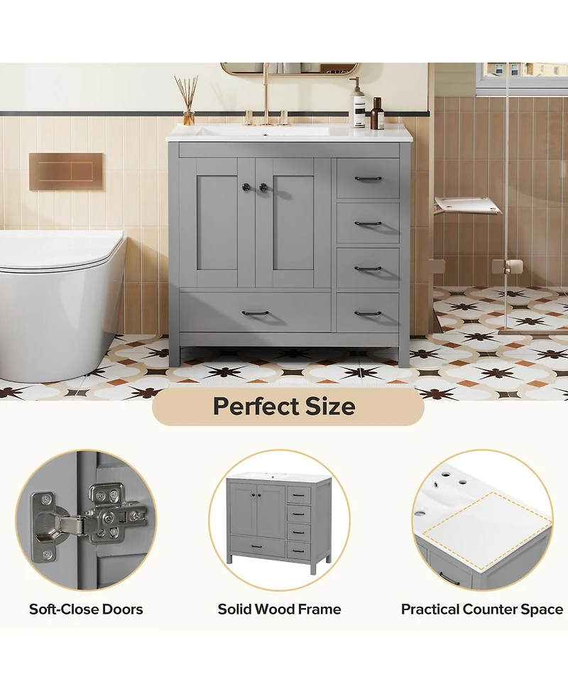 Sillysis 36" Bathroom Vanity with Sink, Solid Wood Cabinet & 5 Drawers Storage, Modern Freestanding Bath for Small Spaces