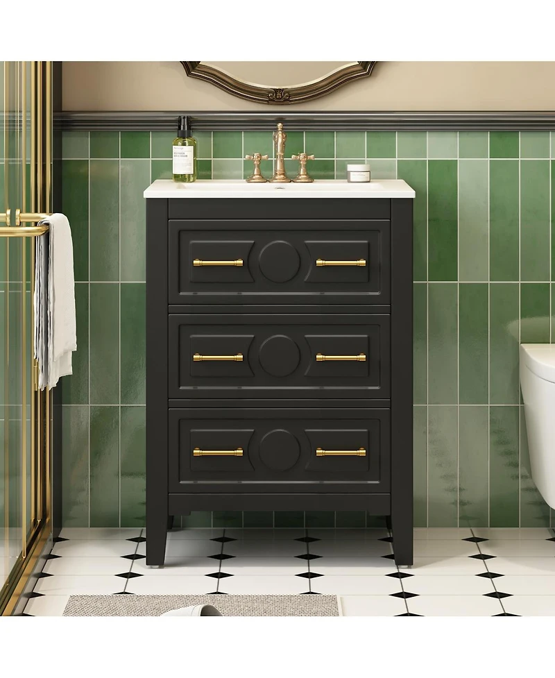 Sillysis 24 Inch Bathroom Vanity with Ceramic Sink, Retro Solid Wood Cabinet, 3 Soft Close Drawers for Small Bathrooms