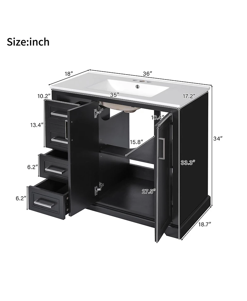 Sillysis 36" Modern Bathroom Vanity with Ceramic Sink, Solid Wood Frame & Soft Close Drawers for Small Spaces