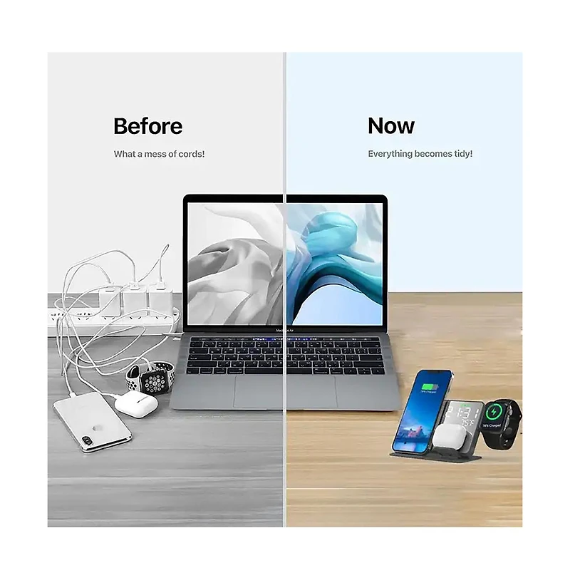 Artudatech 6-in-1 Wireless Charging Station with Clock, Alarm & Temp Display, 15W Fast Charging for iPhone, Apple Watch & AirPods