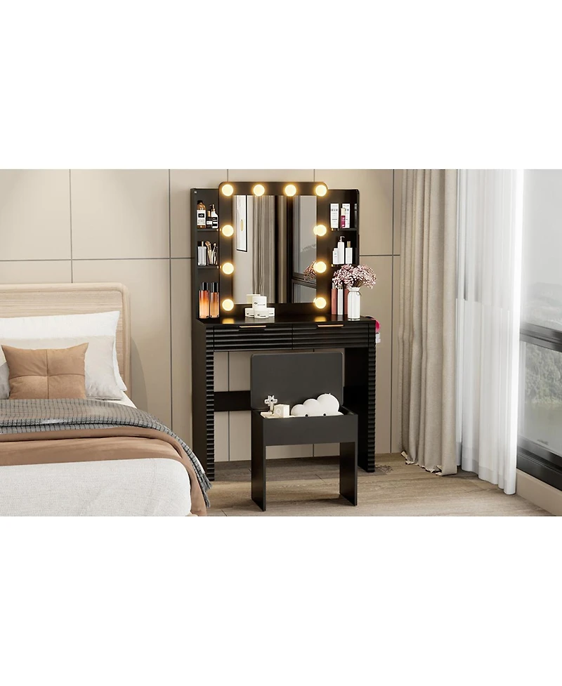 Streamdale Furniture Makeup Vanity Desk with Hollywood Bulbs, Charging Station & Stool