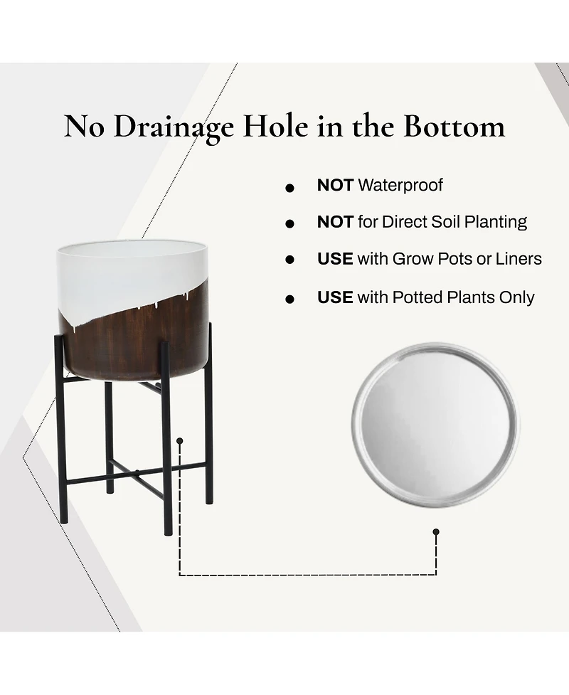 LuxenHome 2-Piece White and Brown Metal Cachepot Planters Set with Black Stands