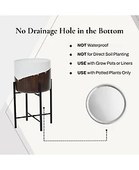 LuxenHome 2-Piece White and Brown Metal Cachepot Planters Set with Black Stands