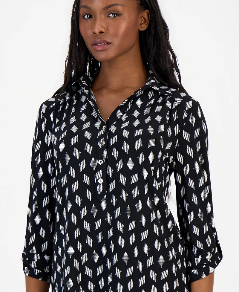 Anne Klein Essentials Petite Printed Collared 3/4-Sleeve Top