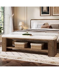 Tribesigns 63" Solid Wood Dining Bench, Farmhouse Upholstered End of Bed Bench with Removable Faux Lambswool Cushion,Indoor Long Entryway Bench