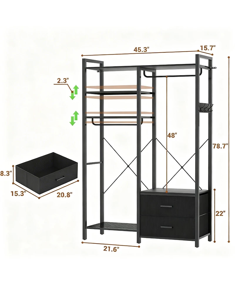 Yigii Reversible Hanging Clothes Rack with Drawers and Shelves