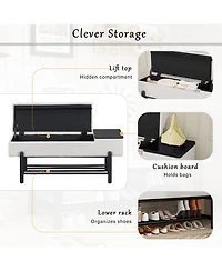 Rainsken Entryway Shoe Bench with Cushion Top, Flip-Top Storage Compartment and Lower Rack for Hallway, Living Room and Foyer