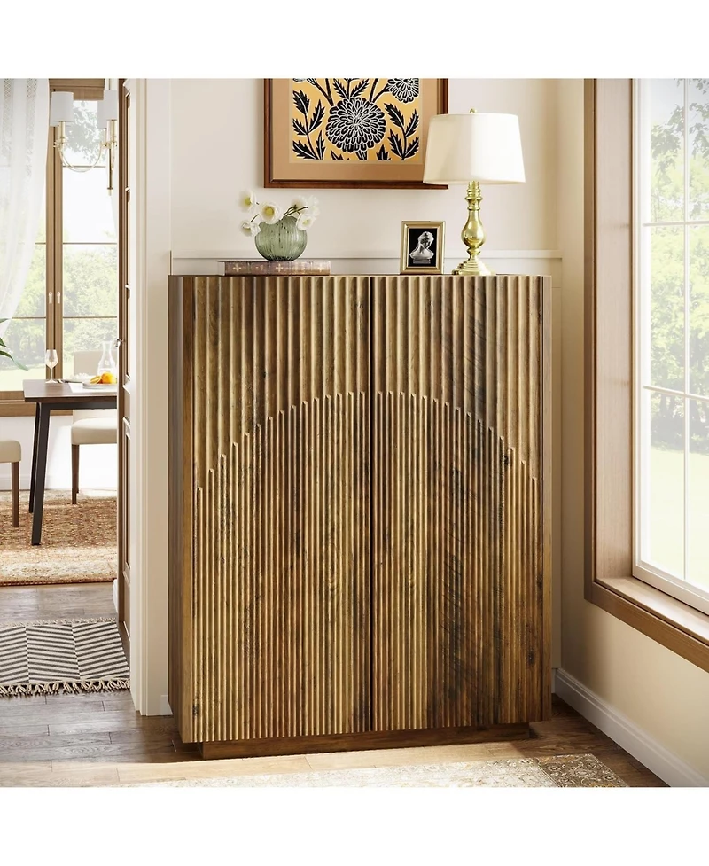 Tribesigns 7-Tier Shoe Cabinet with Adjustable Shelves & Fluted Doors,24 Pairs Freestanding Shoe Rack,Farmhouse Wooden Shoe Storage Organizer, Brown