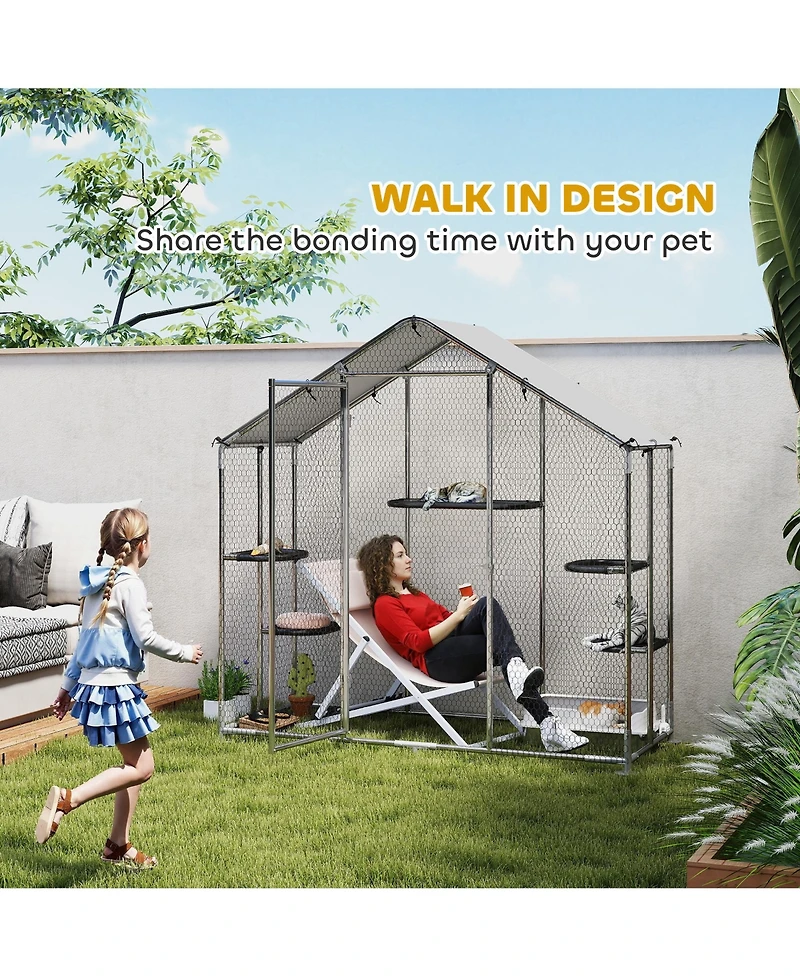 PawHut Walk-in Catio Outdoor Cat Enclosure with Waterproof Cover & Hammock